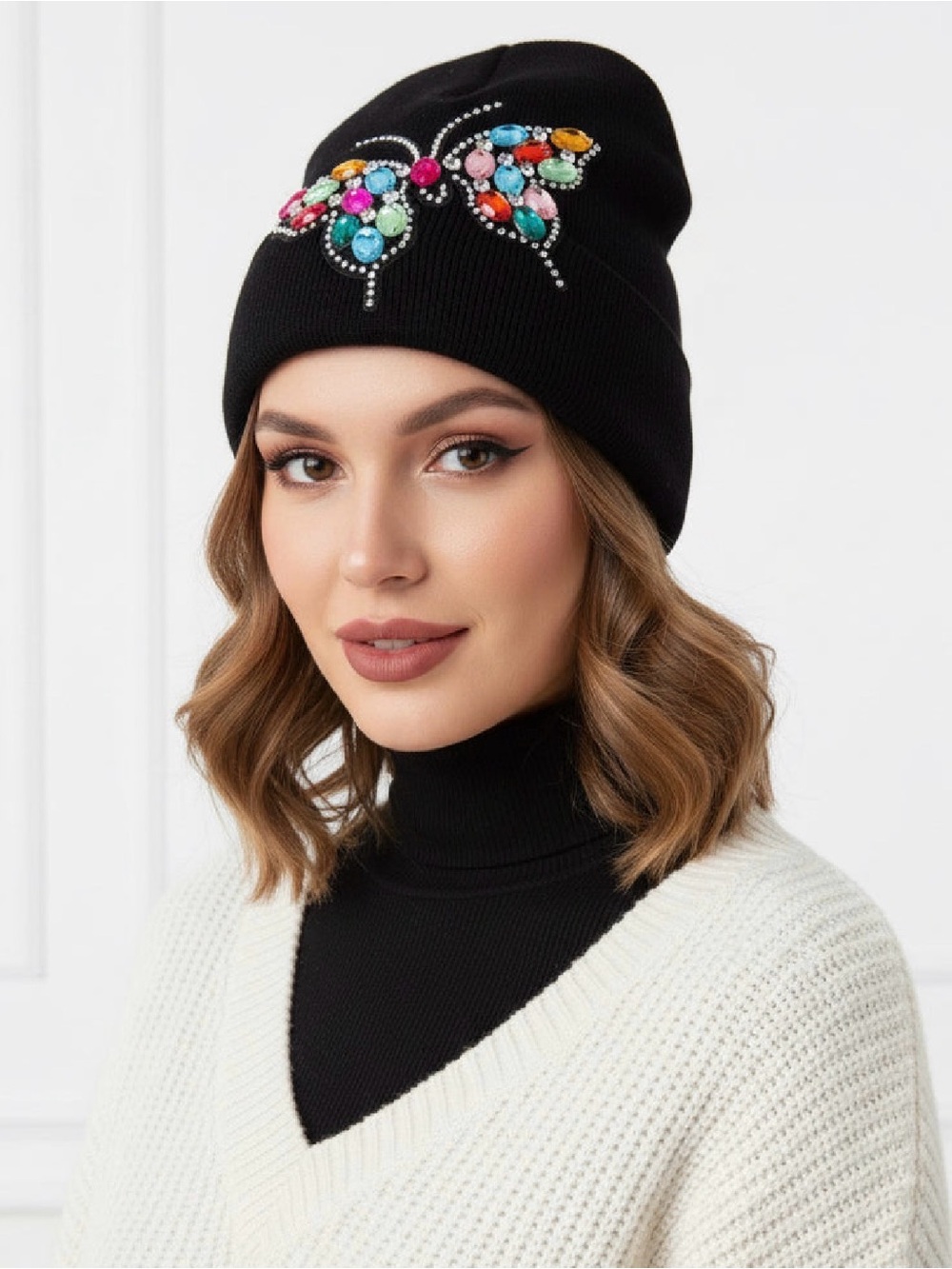 Butterfly Rhinestone Beanie Hat | Glam Bling Crystal Knit Cap | One of a Kind